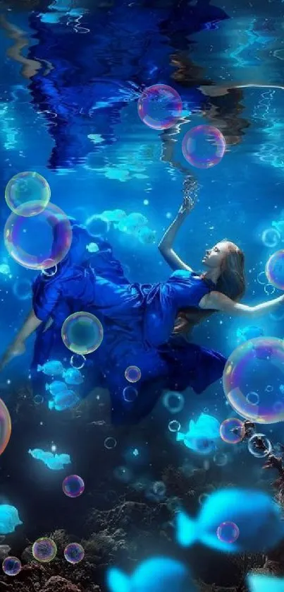 A mesmerizing underwater scene with a woman in a flowing blue dress surrounded by fish.