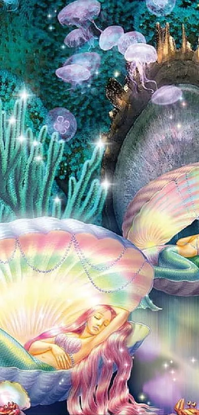 Enchanting mermaids in iridescent seashells under the sea.