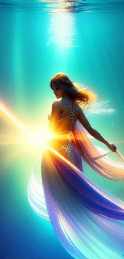 Goddess glowing underwater with vibrant, flowing dress in fantasy art wallpaper.