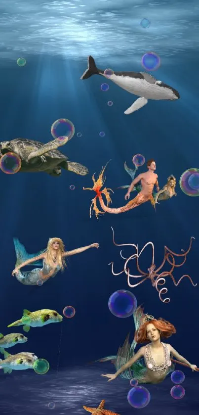 Underwater fantasy art with mermaids and sea creatures.