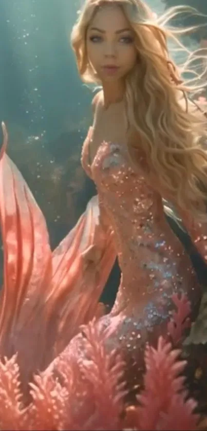 Mermaid in pink sequin dress in coral-filled ocean setting.