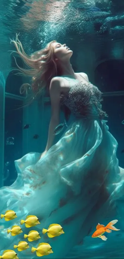 Woman in flowing gown underwater with fish.