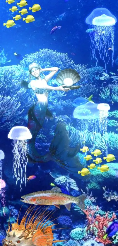 Mystical mermaid with marine life and jellyfish in vibrant ocean scene.
