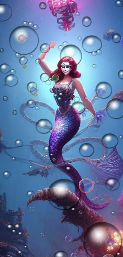 Fantasy mermaid with bubbles in a vibrant underwater scene.