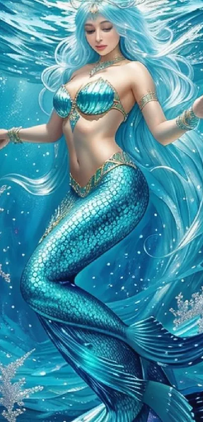 Vibrant mermaid with aqua scales in an underwater scene.