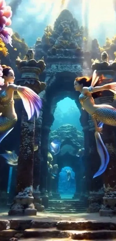 Mermaids swim gracefully in an ancient underwater temple.
