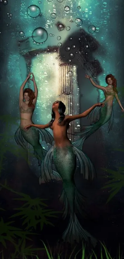 Three mermaids swimming underwater with bubbles and a mystical background.