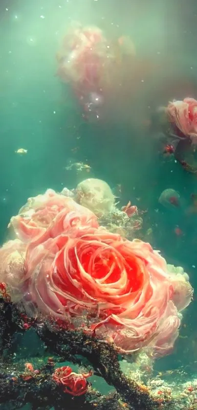 Underwater scene with pink roses and an aqua background.