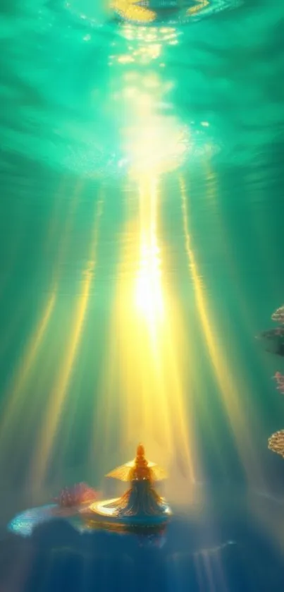 Mystical underwater scene with sunlight rays and serene turquoise glow.