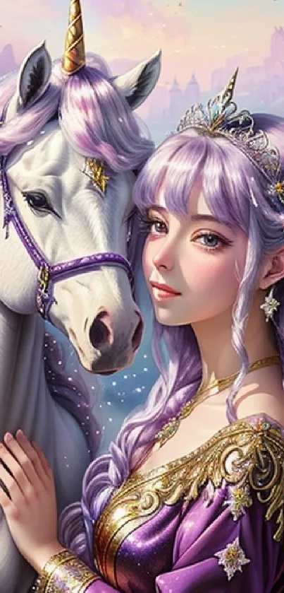 A fantasy wallpaper featuring a princess with a unicorn in a dreamy lavender setting.