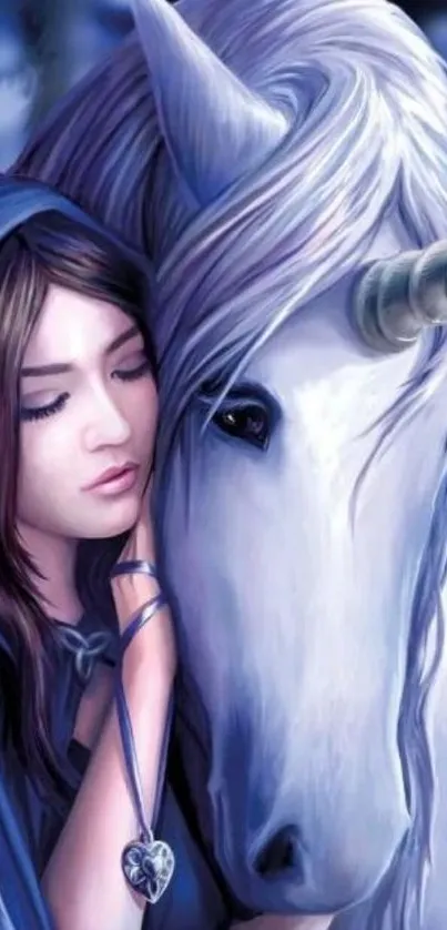 Fantasy art of girl and unicorn in a magical embrace.