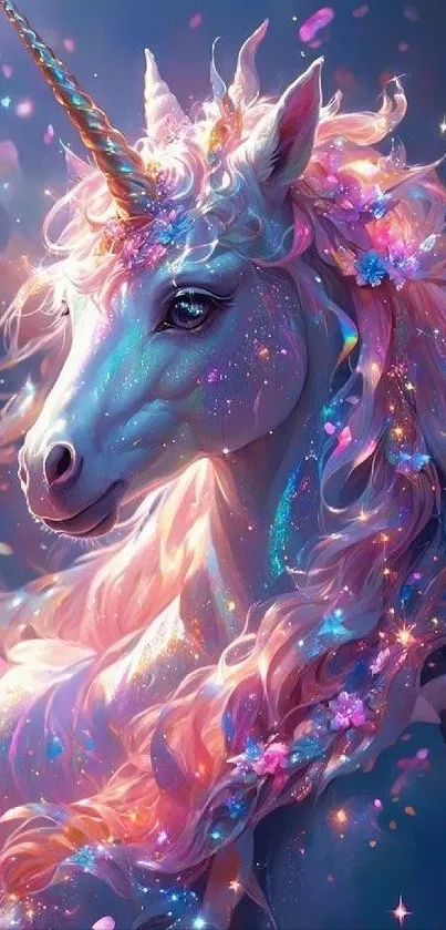 Magical unicorn with colorful mane and glowing horn in a fantasy setting.