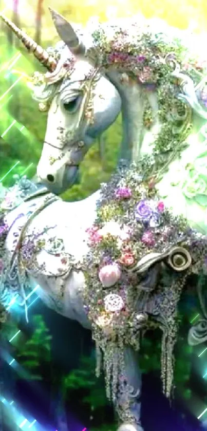 An intricate unicorn with floral designs in a mystical forest setting.