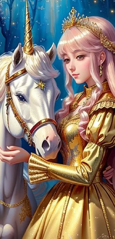 Fantasy mobile wallpaper with unicorn and regal woman in a mystical forest.