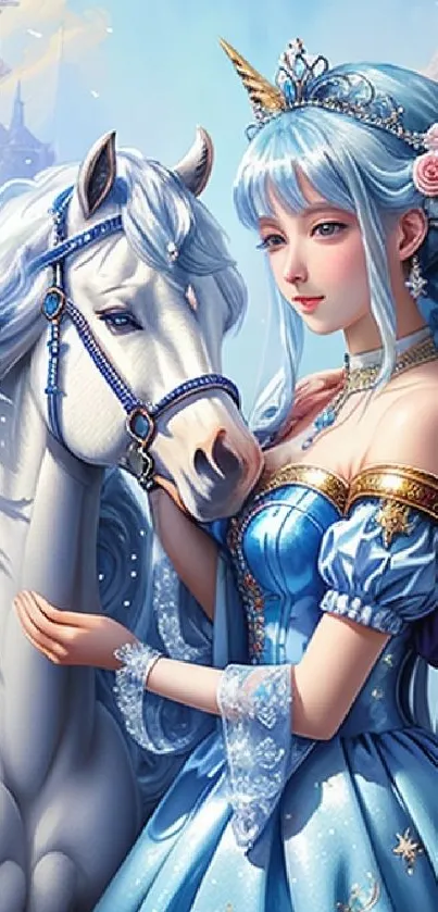 Fantasy wallpaper with princess and unicorn in a magical forest scene.