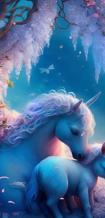 Magical unicorns under moonlit sky with dreamy blue and pink hues.