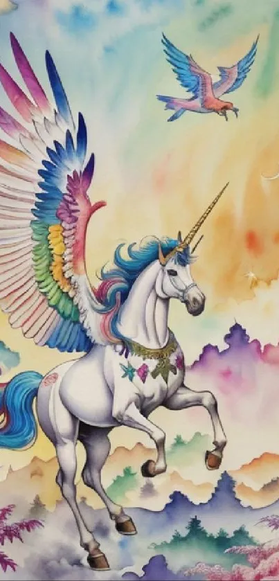 Majestic unicorn with rainbow wings set in a vibrant fantasy scene.