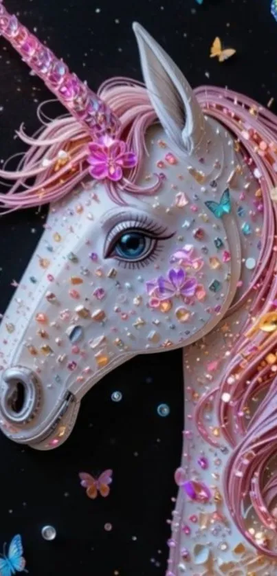 A mystical unicorn with gemstones and butterflies.