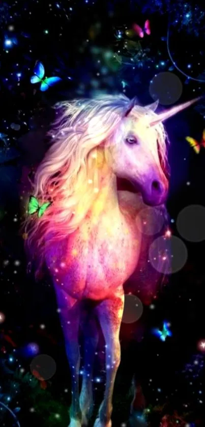 Magical unicorn with butterflies on a vibrant, dark background.