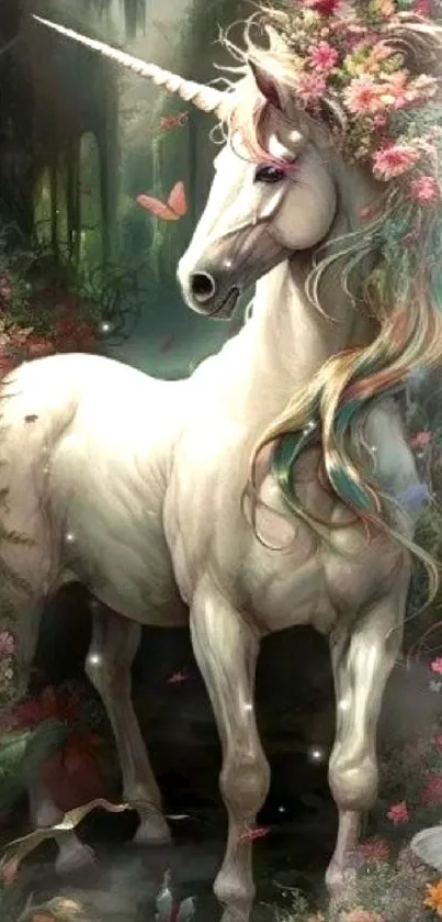 Elegant unicorn in enchanted floral forest wallpaper.