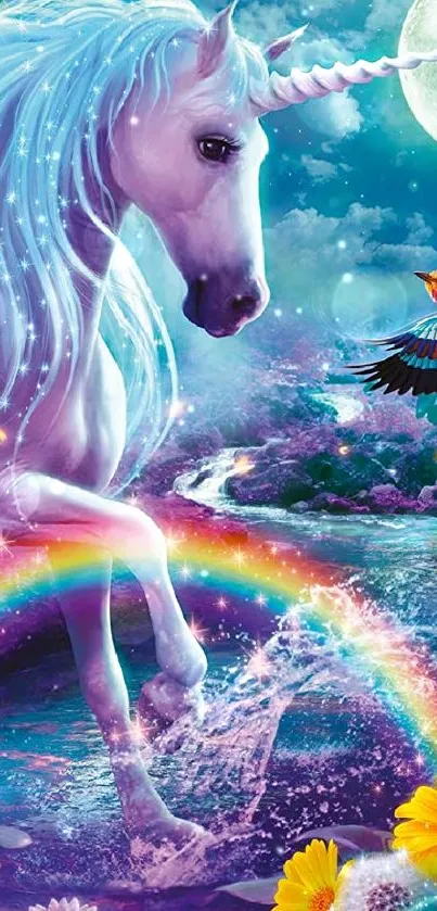 Magical unicorn with rainbow and flowers under a purple moonlit sky.