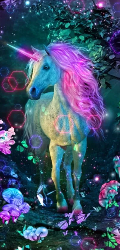 A vibrant unicorn in a neon forest setting with colorful mushrooms and leaves.