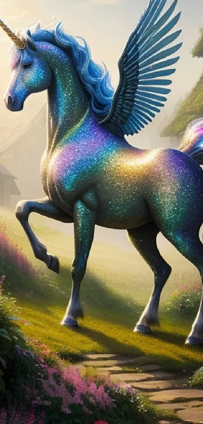 A shimmering unicorn with wings in a fantasy village, exuding magic and wonder.