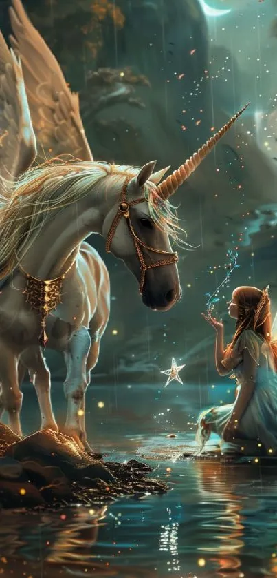 Magical unicorn and fairy under the moonlight in a serene landscape.