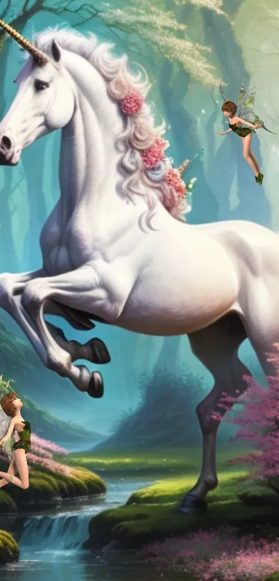 Majestic unicorn with fairies in a mystical forest wallpaper.