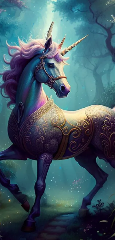 Magical unicorn in a mystical forest with ornate armor, teal blue tones.