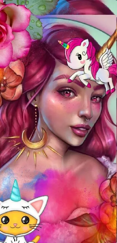 Fantasy unicorn girl in floral pastel art.