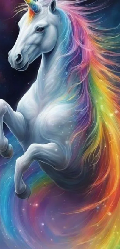 Majestic unicorn with vibrant rainbow mane on a cosmic night sky background.
