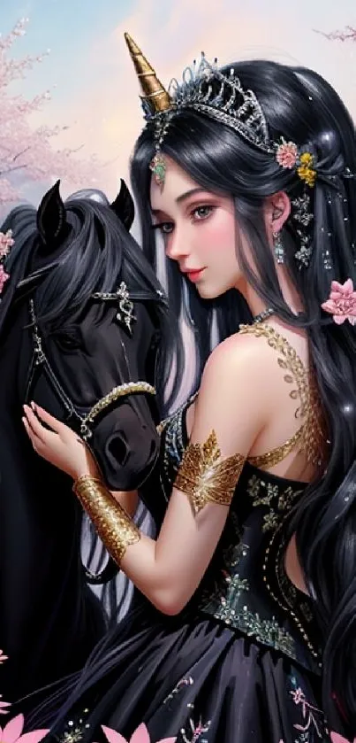 Fantasy maiden with unicorn and cherry blossoms in an enchanting scene.