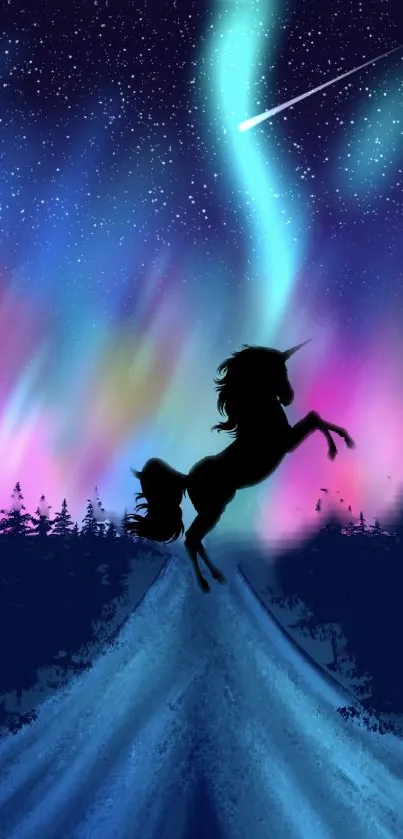 A silhouetted unicorn against a colorful aurora sky.