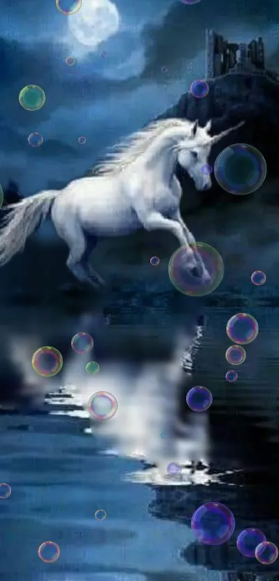 White unicorn in moonlit landscape with bubbles reflecting in water.