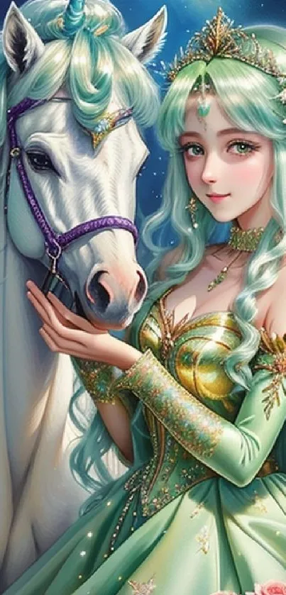 Magical princess with unicorn in a fantasy art scene, dressed in green with roses.