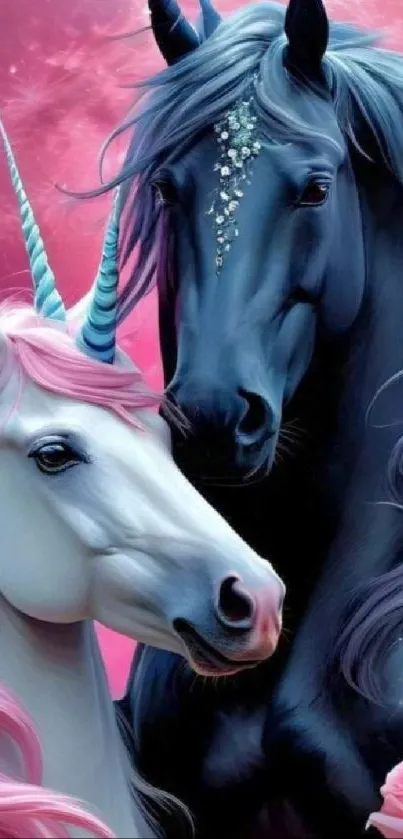 Two enchanting unicorns with a pink backdrop.