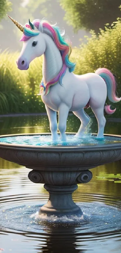 A magical unicorn stands gracefully in a garden fountain, surrounded by lush greenery.