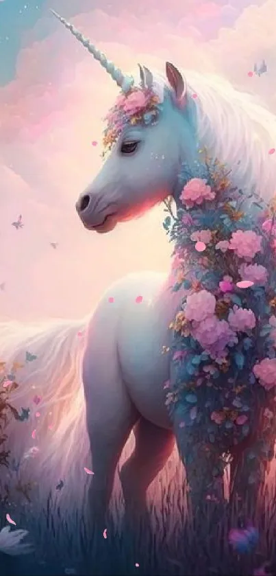 Whimsical unicorn with flowers and pastel sky.