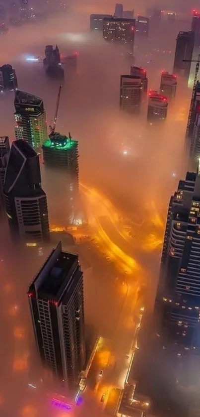 Mystical fog envelops vibrant city skyline at night.