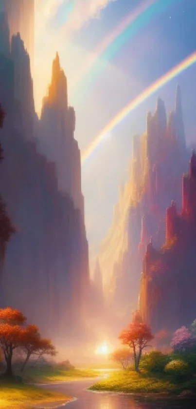 Enchanting valley with rainbow and vivid trees in a serene, fantasy landscape.