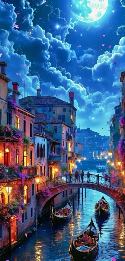 Venetian night scene with gondolas and a moonlit sky.