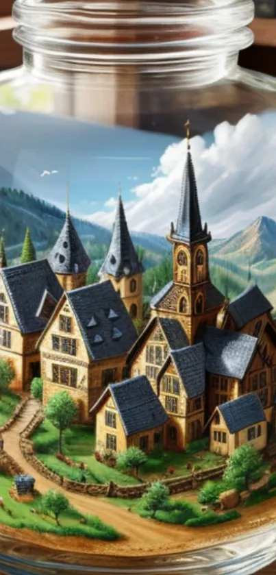 Enchanting village in a glass jar mobile wallpaper.