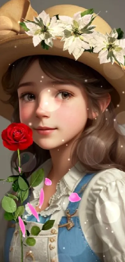 Portrait of a young girl with a floral hat holding a rose.