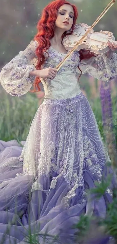 Violinist in a lavender dress surrounded by nature, playing passionately.