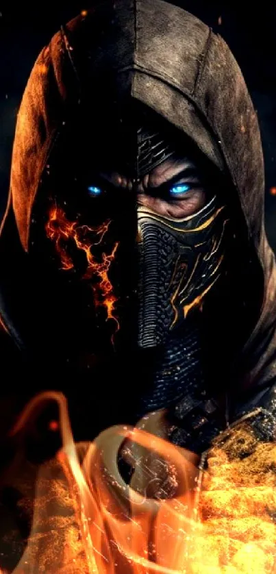 Hooded warrior with blue eyes and fiery accents in dramatic artwork wallpaper.