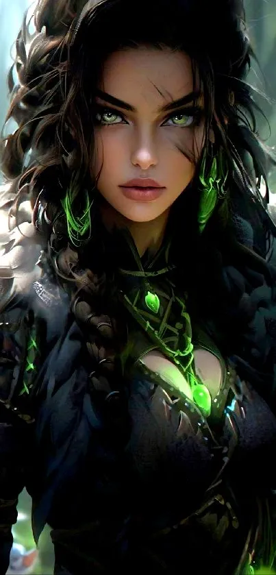 Fantasy warrior mobile wallpaper with green accents and mystical details.