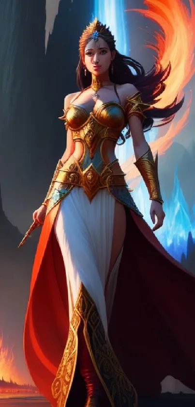 Fantasy warrior woman in golden armor with fiery backdrop.