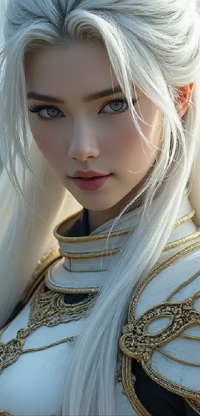 Fantasy princess in armor with mystical backdrop.