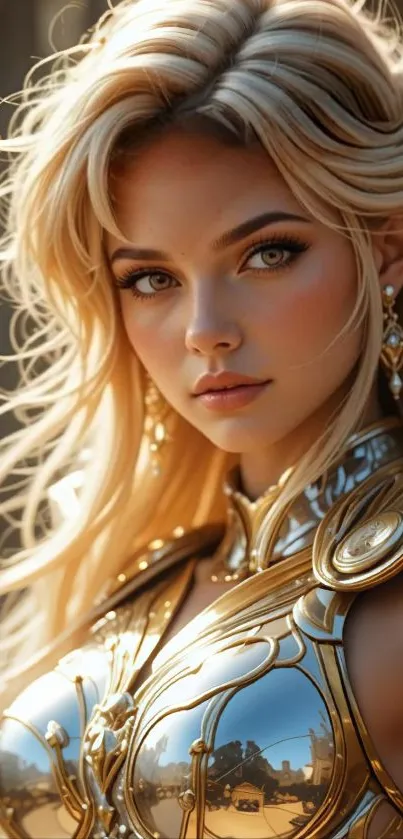 Warrior princess with golden armor in a mystical setting.